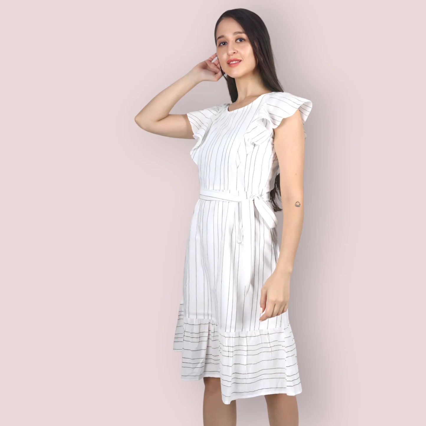 Striped Ruffle Sleeve A-Line Dress