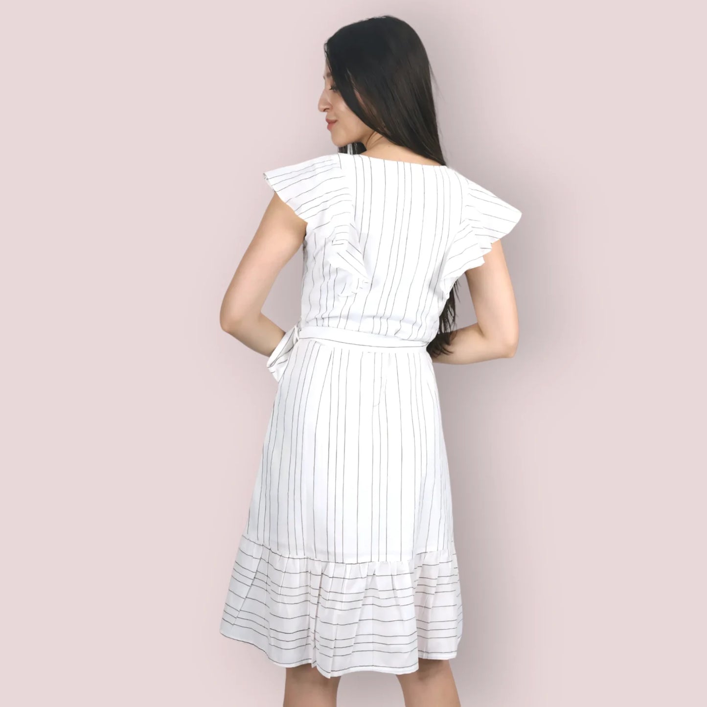 Striped Ruffle Sleeve A-Line Dress