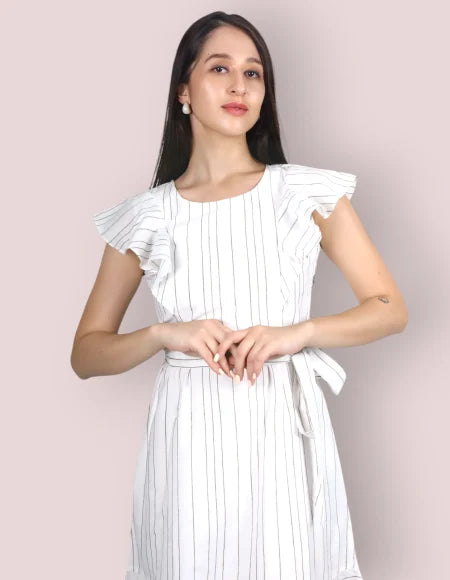 Striped Ruffle Sleeve A-Line Dress