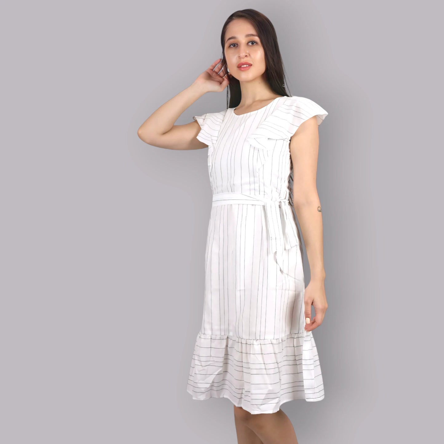 Striped Ruffle Sleeve A-Line Dress