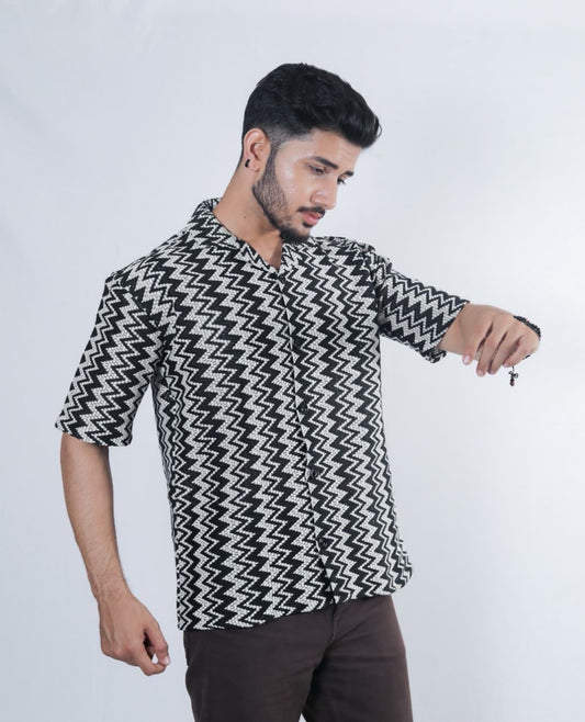 Kloschè  Oversized Beige & Black zigzag Crochet Shirt