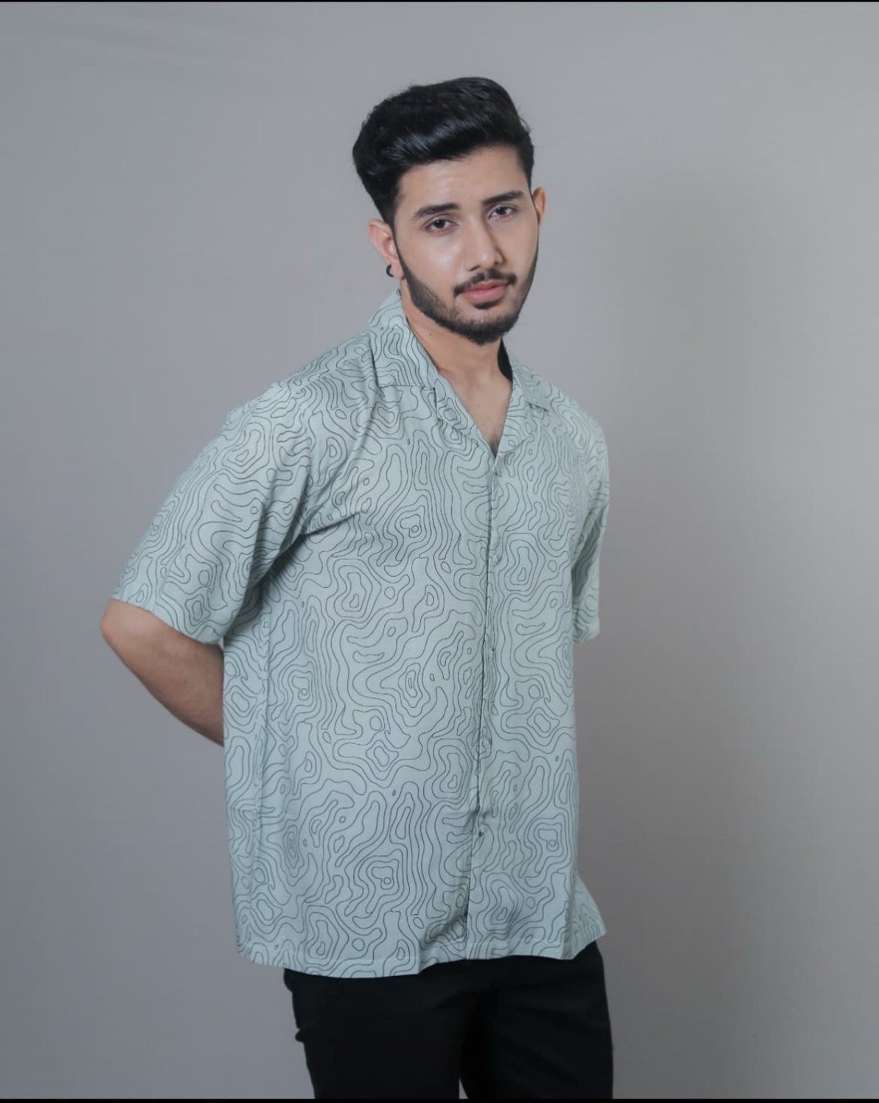 Kloschè Oversized Abstract Printed Rayon Shirt – Sage Green Swirl