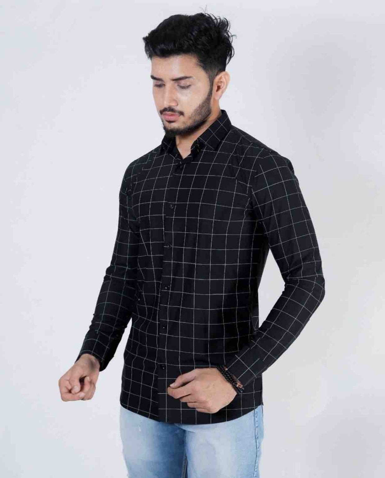 Kloschè Black Checked Lycra Shirt – Party-Ready Perfection